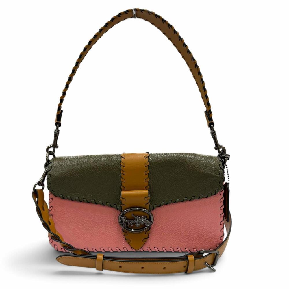 COACH C4106 Georgie 2-Way Leather Saddle Bag Handbag Shoulder Pink Khaki Brow...
